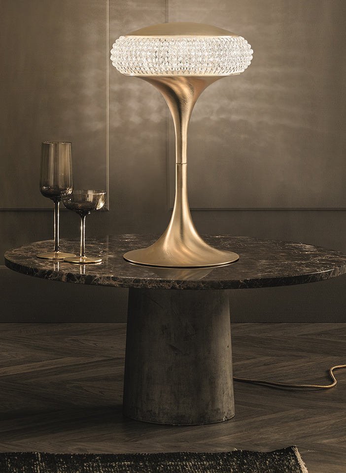 Metal structure, crystal spheres. Satin fabric lamp shades