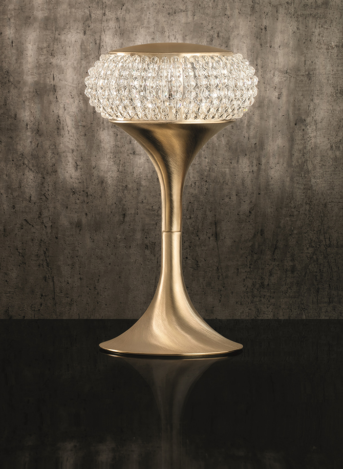 Metal structure, crystal spheres. Satin fabric lamp shades