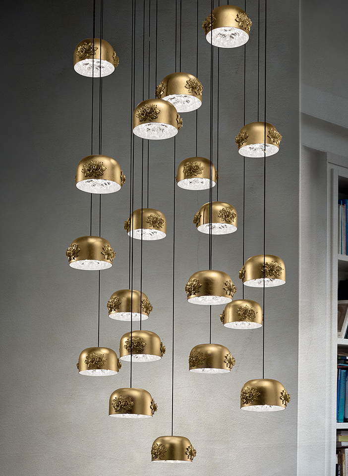Aluminium structure with resin decorations. Diffuser with octagons and cut crystal flowers.