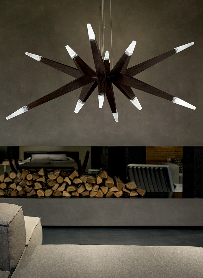 Metal structure with wood arms and borosilicate diffusers.