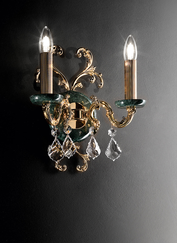 Solid cast brass frame, details in Guatemala green or Marquina black marble. Crystal pendants