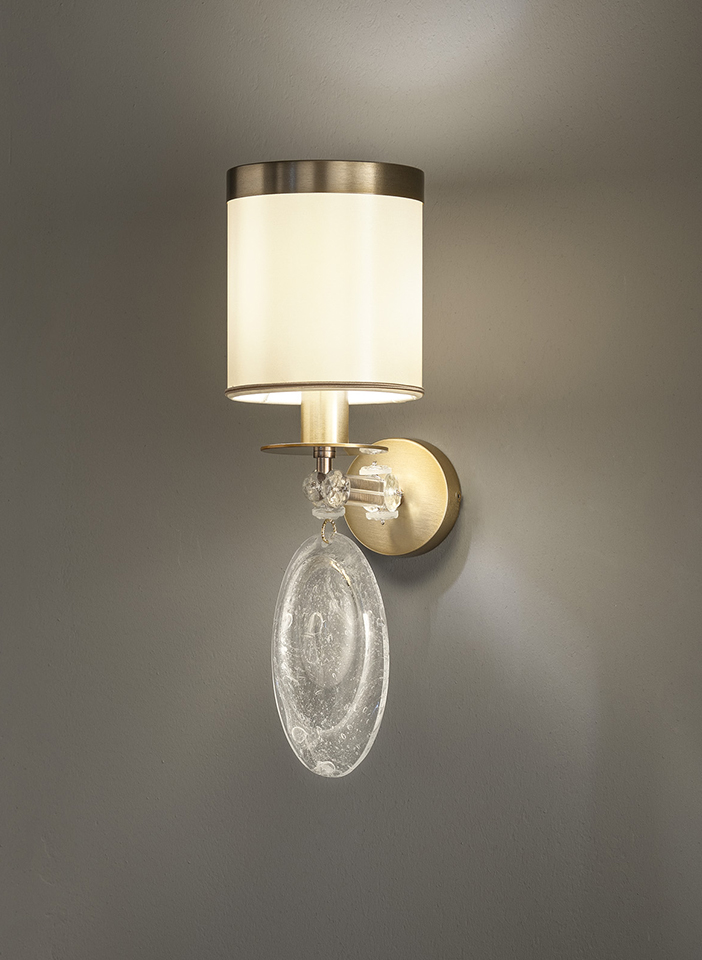 Metal frame and arms covered with glass. Crek glass pendants and satin lampshades.