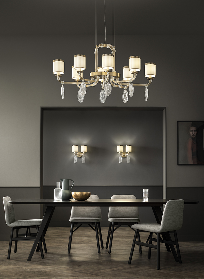 Metal frame and arms covered with glass. Crek glass pendants and satin lampshades.