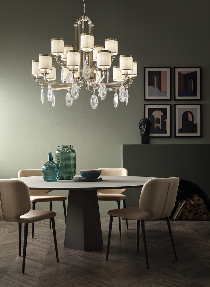 Metal frame and arms covered with glass. Crek glass pendants and satin lampshades.