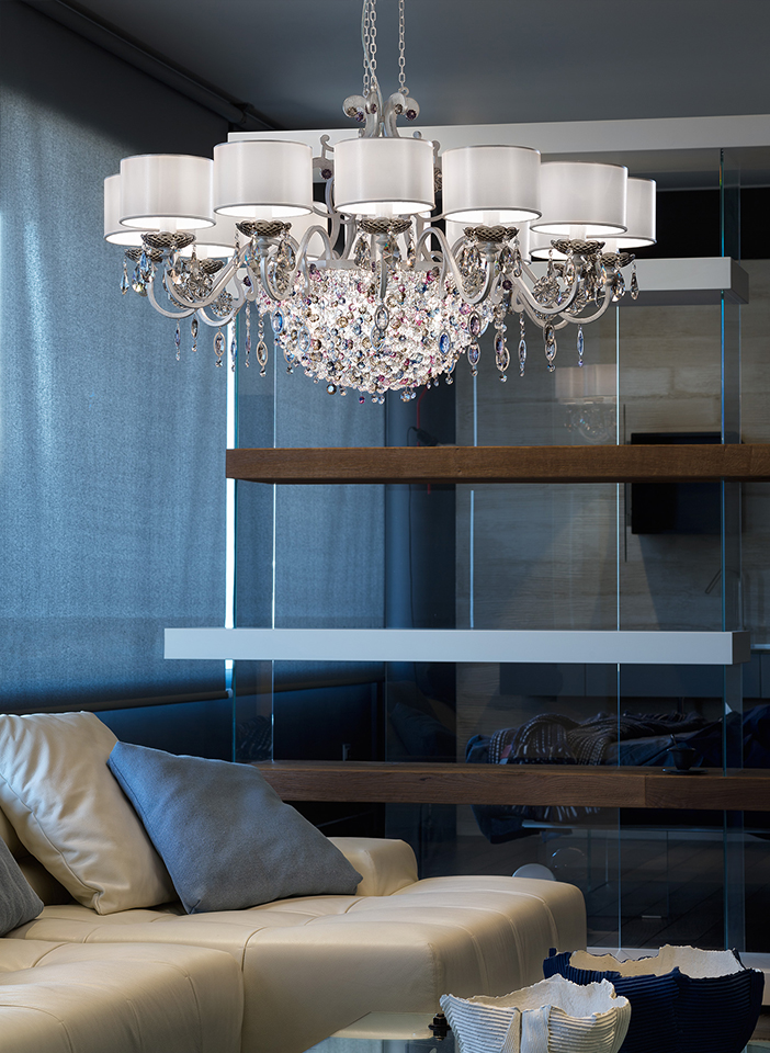 Metal frame with coloured glass inserts and pendants. Satin lampshades
