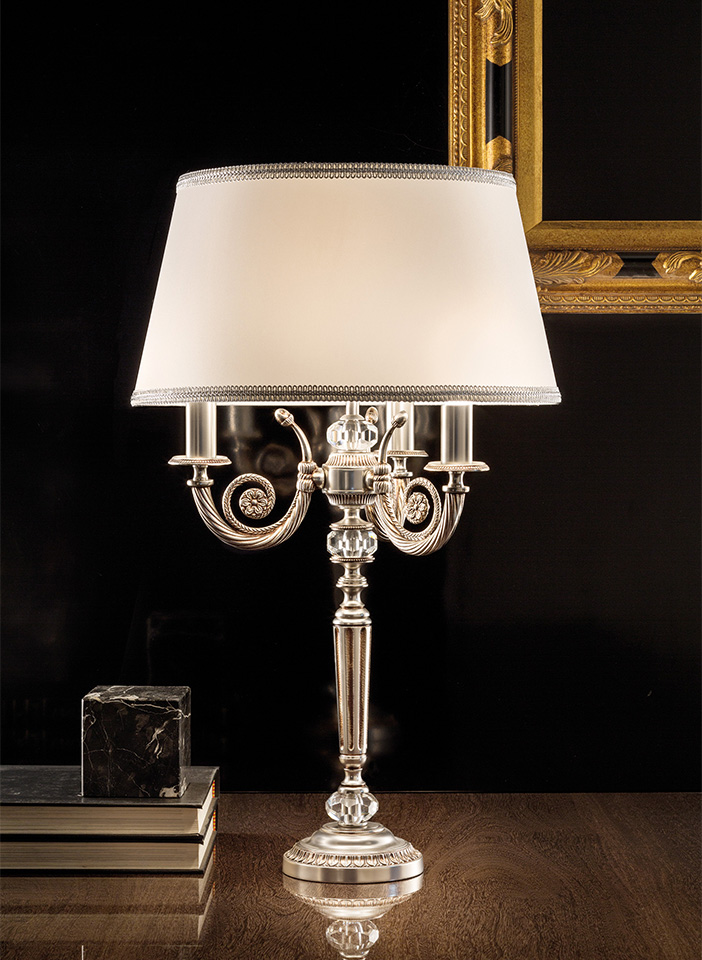 Antiqued plated solid brass frame. Shantung lampshades